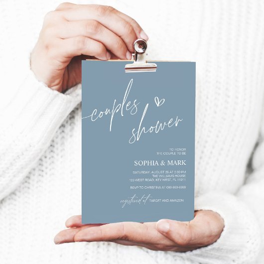 Dusty Blue Minimalist Couples Douche Invitation