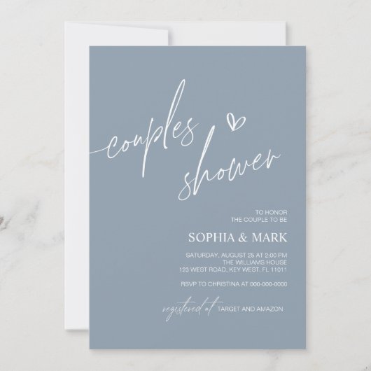 Dusty Blue Minimalist Couples Douche Invitation (Devant)