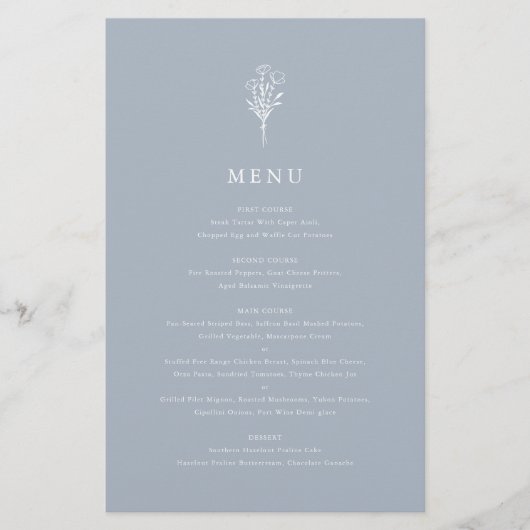 Dusty Blue Minimalist Floral Bouquet Menu Kaart (Voorkant)