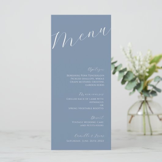 Dusty Blue Minimalist Menu Mariage moderne (Debout devant)