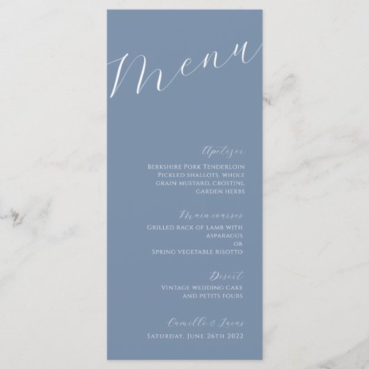 Dusty Blue Minimalist Menu Mariage moderne (Devant)
