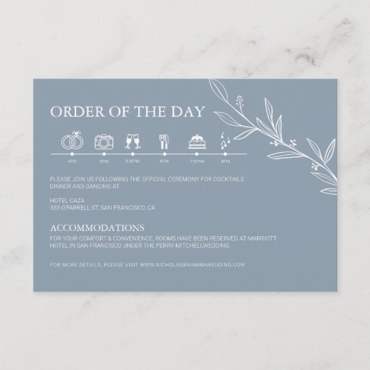 Dusty Blue Minimalist Modern Wedding Timeline Informatiekaartje (Voorkant)