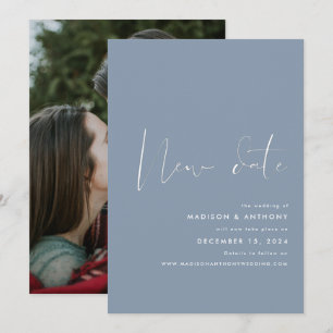 Dusty Blue Minimalist Photo New Date Wedding Aankondiging