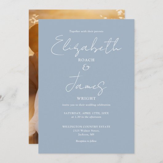 Dusty Blue Minimalist Script Photo Wedding Kaart (Voorkant / Achterkant)