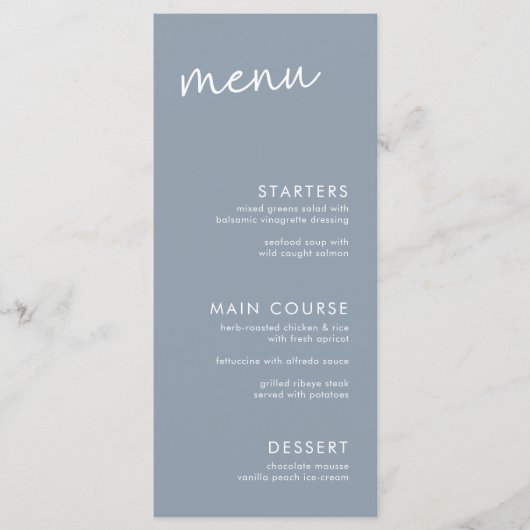 Dusty Blue Minimalist Script-Vrijgezellenfeest Menu (Voorkant)