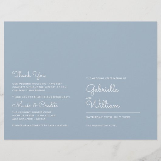 Dusty Blue Minimalist Script Wedding Programme (Devant)