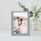 Dusty Blue Minimalist Sla de Date Script Photo op Briefkaart (Staand voorkant)