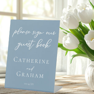Dusty Blue Minimalist Wedding Guest Book Reclamebord Met Voetstuk