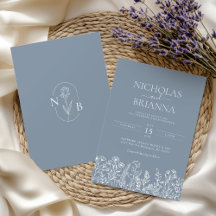 Dusty Blue Minimalist Wildflower Bruiloft Monogram