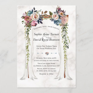 Dusty Blue Misty Flowers Canopy Marmer Wedding Kaart