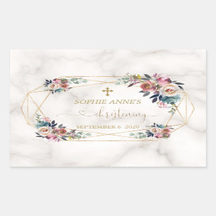 Dusty Blue Misty Roos Flowers Gold Christening Rechthoekige Sticker