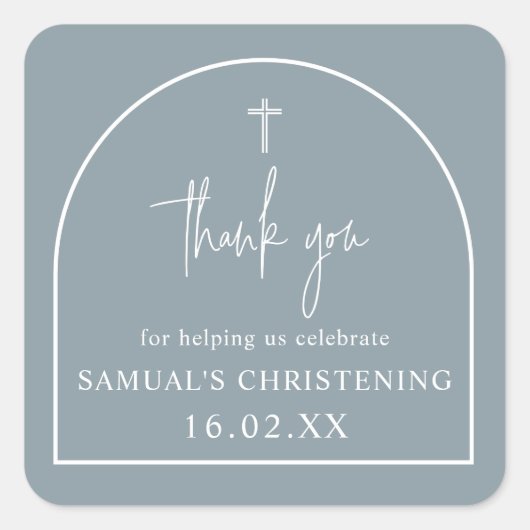 Dusty Blue Modern Arch Minimalist Christening Vierkante Sticker (Voorkant)