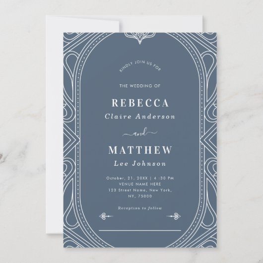 Dusty Blue Modern Deco Geometric Wedding Kaart (Voorkant)
