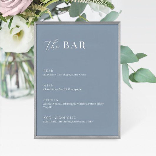 Dusty Blue Modern Elegant Wedding Het Bar Menu