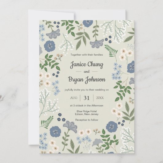 Dusty Blue Modern Floral Wedding Kaart (Voorkant)