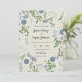 Dusty Blue Modern Floral Wedding Kaart (Staand voorkant)
