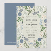 Dusty Blue Modern Floral Wedding Kaart (Voorkant / Achterkant)