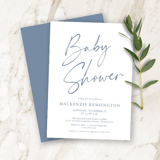 Dusty Blue Modern Handgeschreven Script-Baby showe Kaart