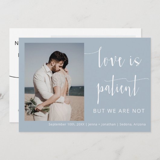 Dusty Blue Modern Minimal Script Photo Elopement Kaart (Voorkant / Achterkant)