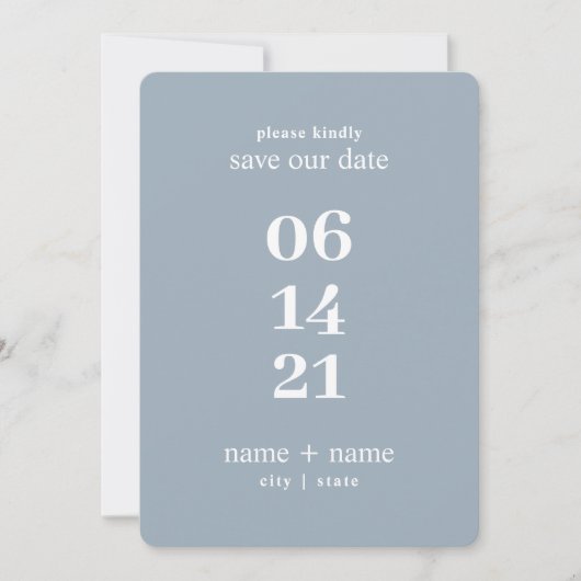 Dusty Blue Modern minimalist Weddenschap Big Numbe Save The Date (Voorkant)
