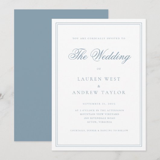 Dusty Blue Modern minimalist Wedding Invitation Kaart (Voorkant / Achterkant)