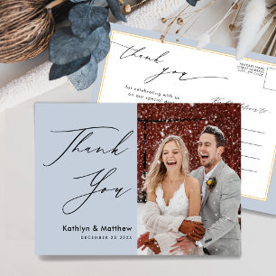 Dusty Blue Modern Photo Chic Wedding Bedankt Briefkaart