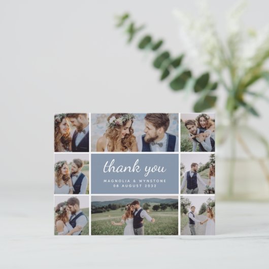Dusty Blue Modern Photo Collage Weddenschap Bedank Briefkaart (Staand voorkant)