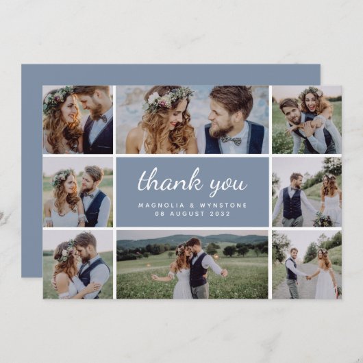 Dusty Blue Modern Photo Collage Wedding Bedankkaart (Voorkant / Achterkant)