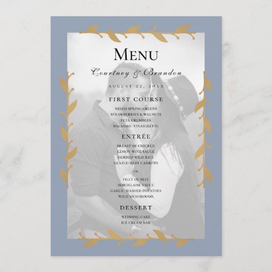 Dusty Blue Modern Photo Gold Feuille Menu Mariage (Devant)
