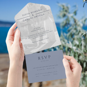 Dusty Blue Modern Photo Wedding All In One Uitnodiging