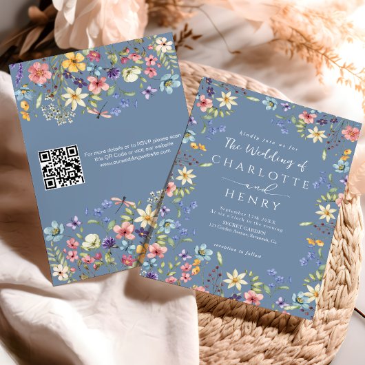 Dusty Blue Modern QR Code Wildflower Wedding Kaart