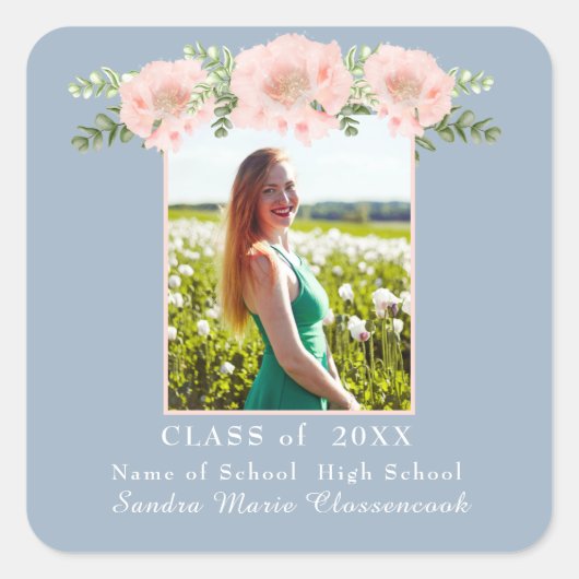 Dusty Blue Modern, roze florale afstuderen A Vierkante Sticker (Voorkant)