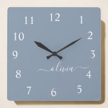 Dusty Blue Modern Script élégant Nom du monogramme<br><div class="desc">Dusty Blue Script Monogram Clock. This makes the perfect sweet 16 birthday,  wedding,  bridal shower,  anniversary,  baby shower or bachelorette party gift for someone that loves glam luxury and chic styles.</div>