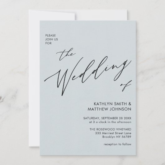Dusty Blue Modern script in één simpele bruiloft Kaart (Voorkant)