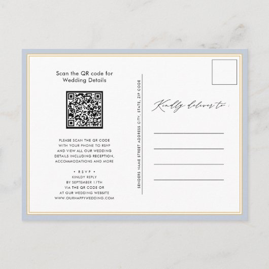 Dusty Blue Modern script in één simpele bruiloft Uitnodiging Briefkaart (Achterkant)