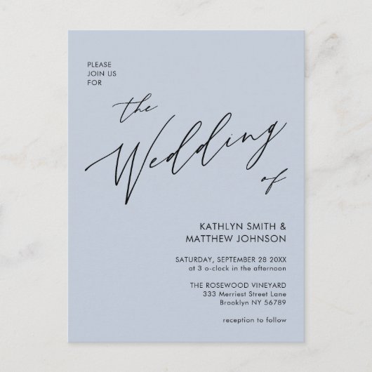 Dusty Blue Modern script in één simpele bruiloft Uitnodiging Briefkaart (Voorkant)
