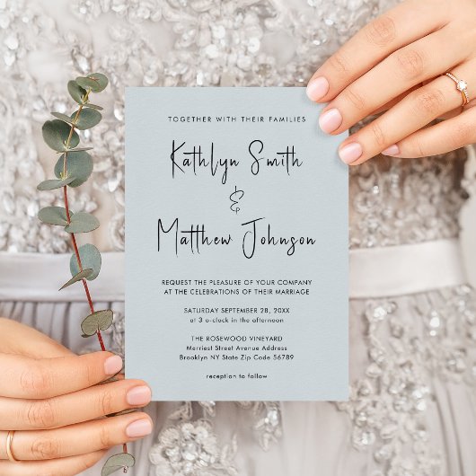 Dusty Blue Modern script in één simpele bruiloft Uitnodiging Briefkaart