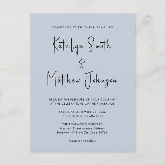 Dusty Blue Modern script in één simpele bruiloft Uitnodiging Briefkaart (Voorkant)