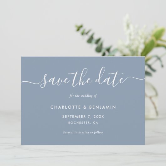 Dusty Blue Modern Script Wedding Save the Date (Staand voorkant)