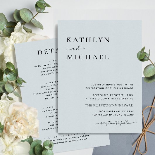 Dusty Blue Modern Typography All-in-One Weddenscha Kaart