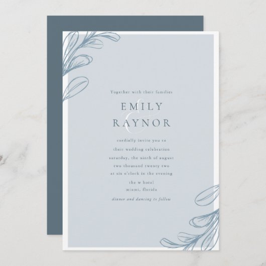 Dusty Blue Modern Wedding Invitation Kaart (Voorkant / Achterkant)