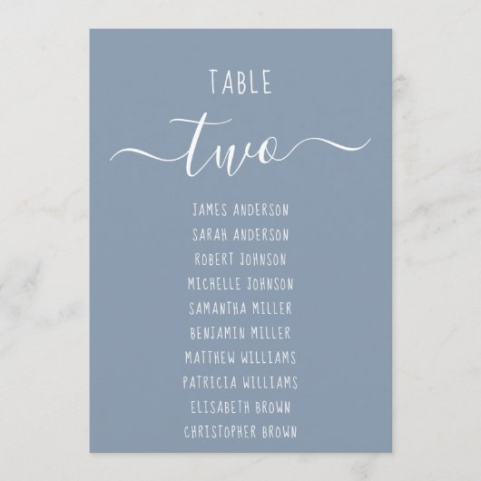 Dusty Blue Modern White Script Seating Chart Card (Voorkant)