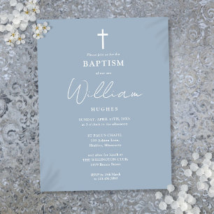 Dusty Blue Moderne Baptême Christening Invitation