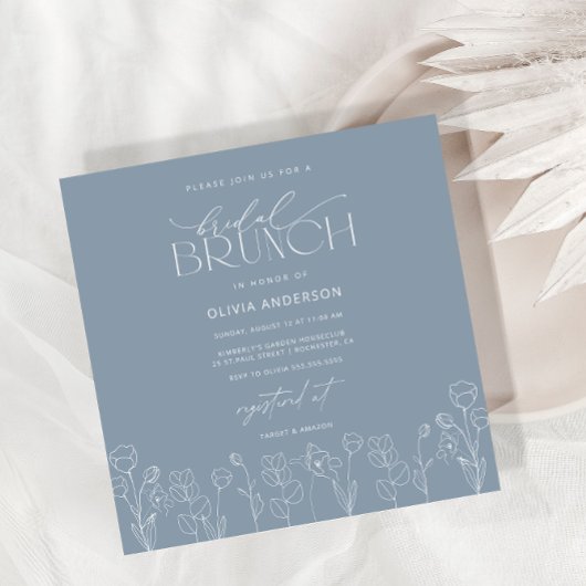 Dusty Blue Moderne Floral Bridal Brunch Invitation