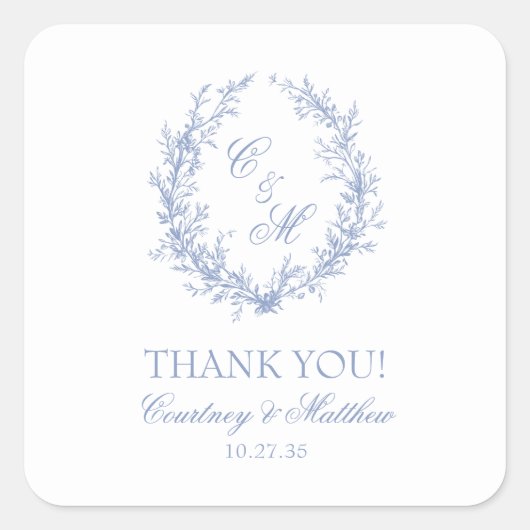 Dusty Blue Monogram Botanische Krans Bedankt Vierkante Sticker (Voorkant)