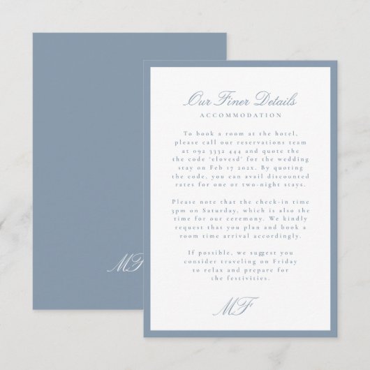 Dusty Blue Monogram Classic Wedding Details Info Informatiekaartje (Voorkant / Achterkant)