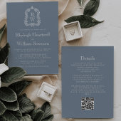 Dusty Blue Monogram Crest QR Code Wedding Kaart