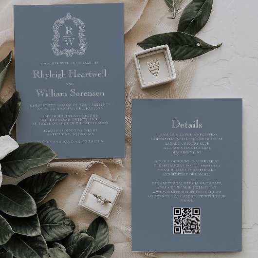 Dusty Blue Monogram Crest QR Code Wedding Kaart