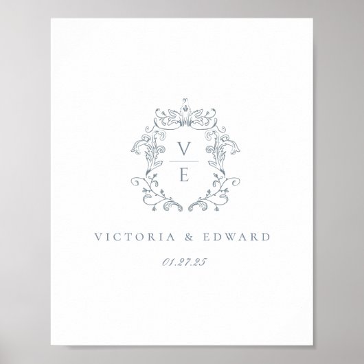 Dusty Blue Monogram Crest Wedding Poster (Voorkant)