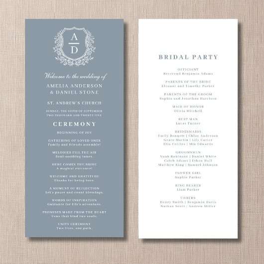 Dusty Blue Monogram Crest Wedding Programme